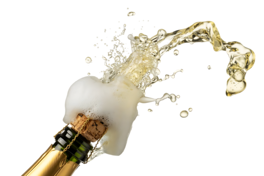 Champagne bottle cork popping with a splash of bubbly liquid and foam isolated on transparent background - Powered by Adobe