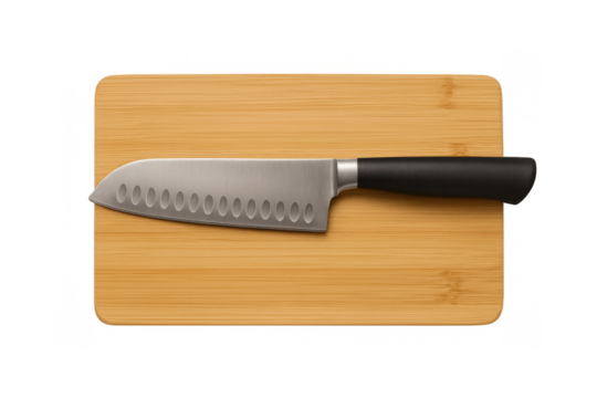 Steel santoku knife with a black handle lying on a light wood cutting board, ideal for general kitchen use - Powered by Adobe