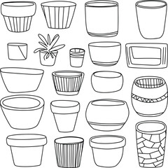 Stylized plant pot silhouettes in black and white, 20 decorative container designs for gardening, interior decor, botanical illustration