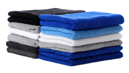 Stack of folded colorful athletic towels isolated on transparent background, fitness and workout essential for commercial use

