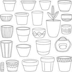 Stylized plant pot silhouettes in black and white, 24 decorative container designs for gardening, interior decor, botanical illustration