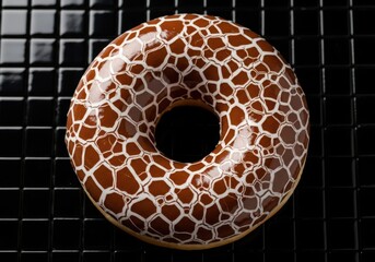 Giraffe-Pattern Chocolate Glazed Donut on Black Grid – Creative Gourmet Dessert