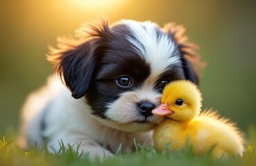 Cute fluffy puppy, yellow duckling share tender moment in soft golden sunlight. Small dog, baby bird rest together on green grass outdoors. Adorable animal friends touch noses gently, showing