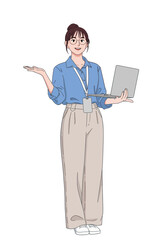 Smiling Professional Woman Presenting with Laptop and ID Badge