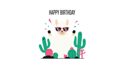 A cheerful llama wearing sunglasses celebrates a birthday with cacti and confetti, creating a fun and festive illustration for greetings and party invitations.