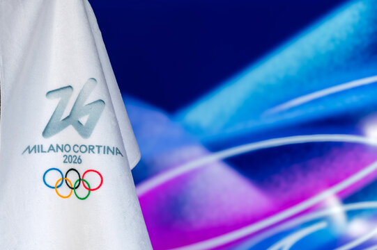 Logo of Winter Olympics Game 2026 in Milano and Cortina, Italy. Colorful background in colors of the Winter Games