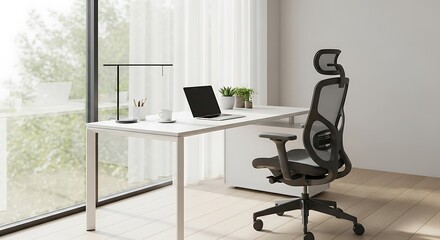 Modern minimalist home office setup featuring ergonomic chair laptop and natural light for productivity and comfort