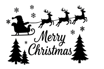 Merry Christmas silhouette design featuring Santa sleigh reindeer snowflakes and pine trees festive holiday artwork winter celebration graphic isolated on white background