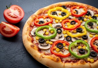 Fresh Veggie Pizza with Bell Peppers, Olives, Mushrooms, and Corn – Colorful Gourmet Flat Lay