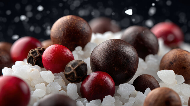 Peppercorns macro shot for ad with colorful pepper and salt grains close up on black background