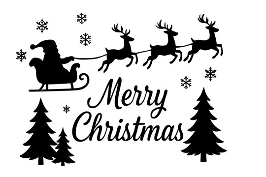Merry Christmas silhouette design featuring Santa sleigh reindeer snowflakes and pine trees festive holiday artwork winter celebration graphic isolated on white background