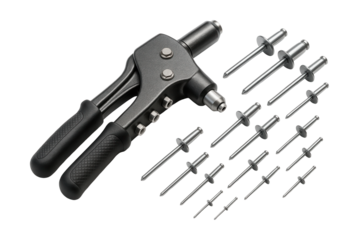 Rivet gun set with various rivet sizes for metalworking shops.