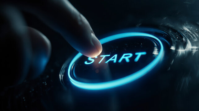 Finger pressing a glowing blue 'START' button, initiating a new beginning. - Powered by Adobe