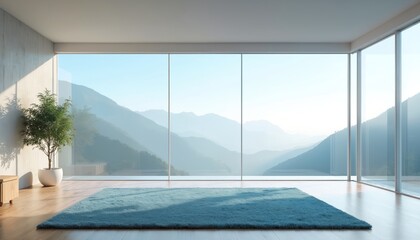 Minimalist room with blue carpet, large window overlooking misty mountains. Natural light streams in, creating serene, empty space for relaxation modern living. Indoor plant adds touch of nature.