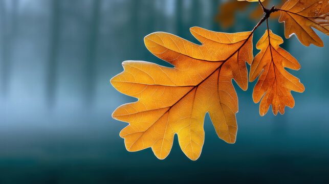 Poetic orange leaf swaying gently in air with soft blurred background creating calm and serene autumn atmosphere