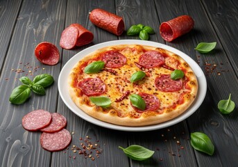Delicious Salami Pizza with Fresh Basil on Rustic Wooden Table – Gourmet Italian Food