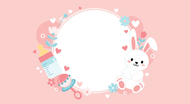 Charming baby frame with a white bunny, bottle, and pacifier surrounded by floral elements and hearts on a soft pink background. - Powered by Adobe