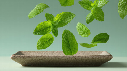 Fresh green mint leaves in motion for organic product branding with poetic natural freshness on simple plate