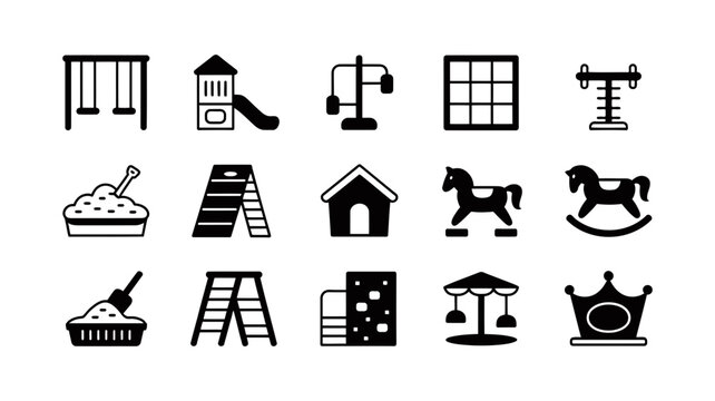 Vector icon set of playground equipment and children's toys, including swing, slide, sandpit, ladders, seesaw, carousel, rocking horse, playhouse for kids fun and recreation.