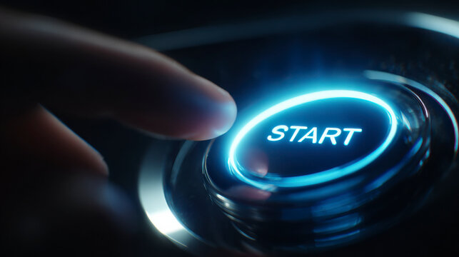 Finger poised on a glowing blue 'START' button, ready to activate the system. - Powered by Adobe