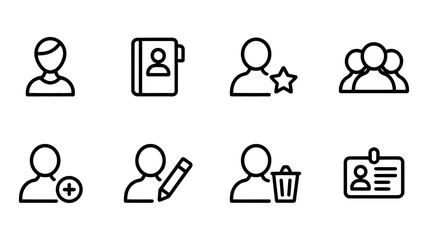 Set of user profile and contact management line icons for web and mobile interfaces, featuring add, edit, delete, favorite, and group functions