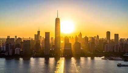 Fototapeta premium Golden Hour Skyline with Towering Skyscraper Under Bright Sun and Waterscape Urban Landscape