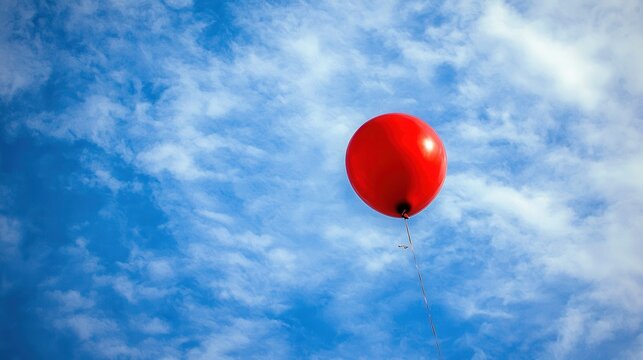 Single, bright red balloon with string floats in a blue sky