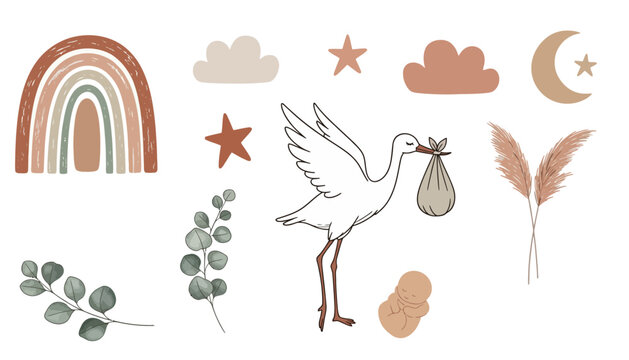 Boho Rainbow Baby Shower Vector Collection - Neutral Aesthetic Cloud and Botanical Elements - Powered by Adobe