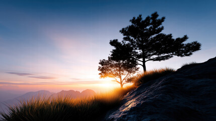 Poetic sunset behind pine tree on rocky hill with golden grass and distant mountain silhouette in serene nature scene