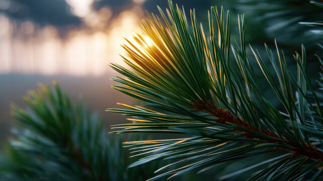 Poetic pine sunset nature forest branch sunlight closeup green needles outdoor calm atmosphere - Powered by Adobe