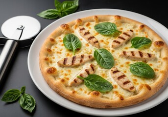 Grilled Chicken Pizza with Fresh Basil and Mozzarella – Gourmet Italian Food Presentation