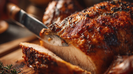 Roasted turkey being sliced with a knife, golden brown color and rustic setting on wooden board