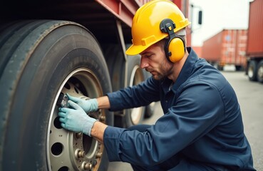 Man in yellow hard hat, blue uniform repairs wheel on truck. Wears gloves, ear protectors. Worker checks heavy vehicle tires at shipping container terminal. Professional mechanic inspects auto part