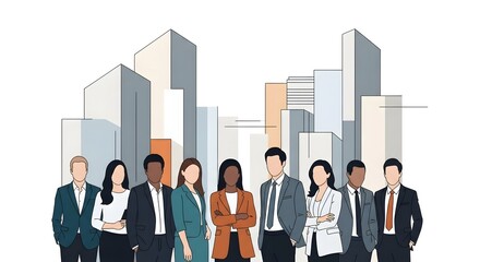 Diverse team of confident business professionals standing together against a modern cityscape, ready to tackle new challenges and drive innovation forward