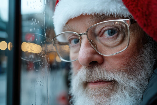 A thoughtful Santa Claus gazes contemplatively, reflecting on the essence of the holiday season. His warm eyes tell stories of joy and nostalgia amid beautiful decorations.