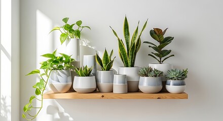 Assorted Potted Plants Displayed on a Wooden Shelf Against White Wall Creating a Green and Natural Indoor Environment
