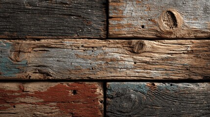 Obraz premium Rustic wooden planks arranged vertically show aged textures and varied colors, ideal for background or wallpaper with weathered charm and character