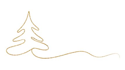 Abstract golden outline of a christmas tree with a flowing wavy tail isolated on transparent background