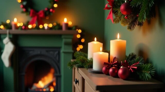 A warm and cozy fireplace with multiple candles lit above, ideal for home decor or winter themed  - Powered by Adobe