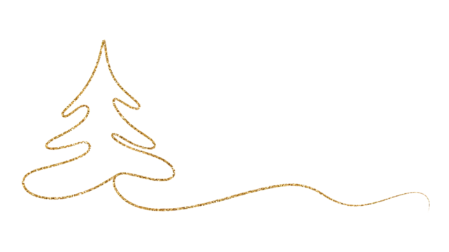 Abstract golden outline of a christmas tree with a flowing wavy tail isolated on transparent background