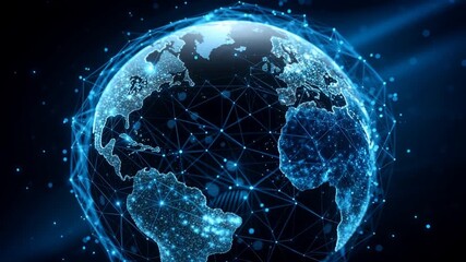 Glowing Earth illustration surrounded by digital connections and light patterns - Powered by Adobe