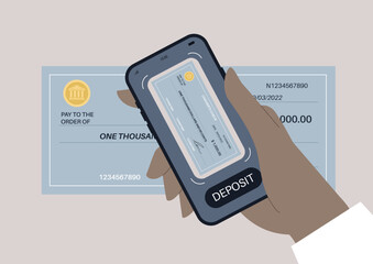 A hand holds a smartphone over a check while capturing its image for mobile deposit, The scene conveys a sense of convenience and modern banking in daily life