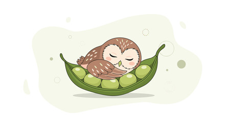 A charming illustration depicts a sleepy owl nestled comfortably among green peas inside a pea pod, creating a whimsical and peaceful scene for children's content.