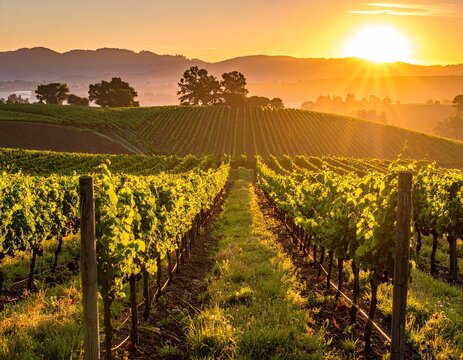 Golden Hour Vineyard Landscape: Rows of Grapevines at Sunrise