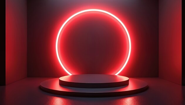 Empty round podium with red neon circle light for product display presentation mockup. Dark minimal stage. Modern futuristic 3d rendered scene. Black studio background for awards showcase. Empty
