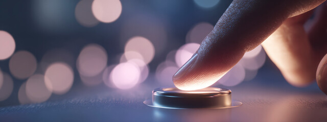 A finger is about to press a glowing circular button in a darkened room.