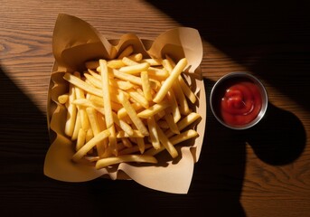 Crispy Golden French Fries with Ketchup Dip – Delicious Snack Food Flat Lay