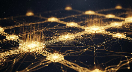 Image of connected luminous node and line, creating a complex glowing network, representing connectivity, artificial intelligence and data exchange