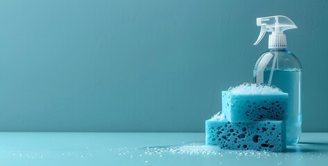 Blue cleaning sponges are stacked near a spray bottle filled with liquid. Bubbles are forming on the sponges, indicating they are ready for use