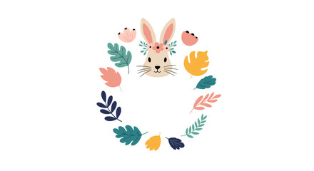 Charming illustration of a bunny face surrounded by a floral and leafy wreath, creating a whimsical and inviting springtime design for various uses.